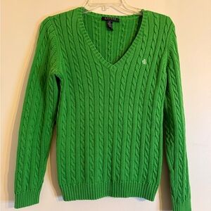 Lauren Ralph Lauren Vivid Green Cable Knit V-Neck Sweater